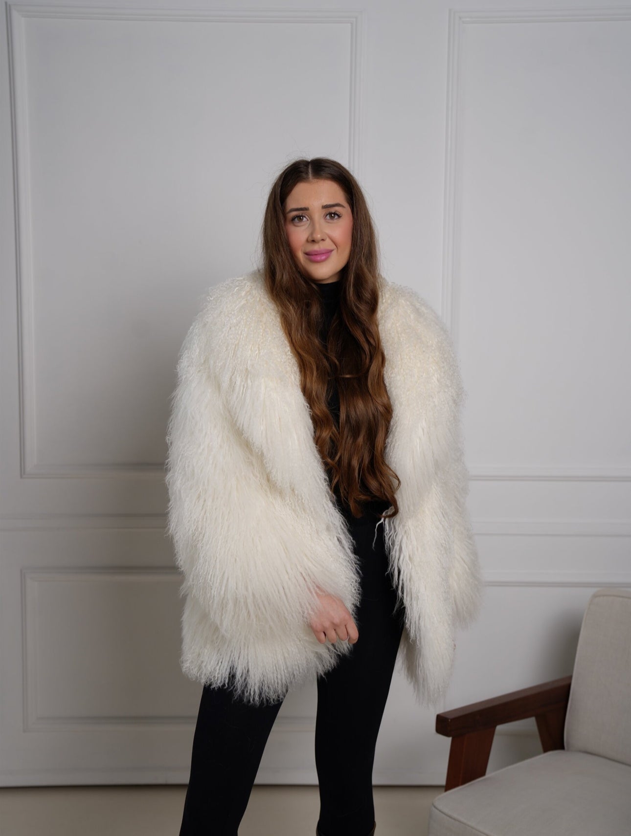 Tibetlamm Fell Jacke Lang mit Kragen