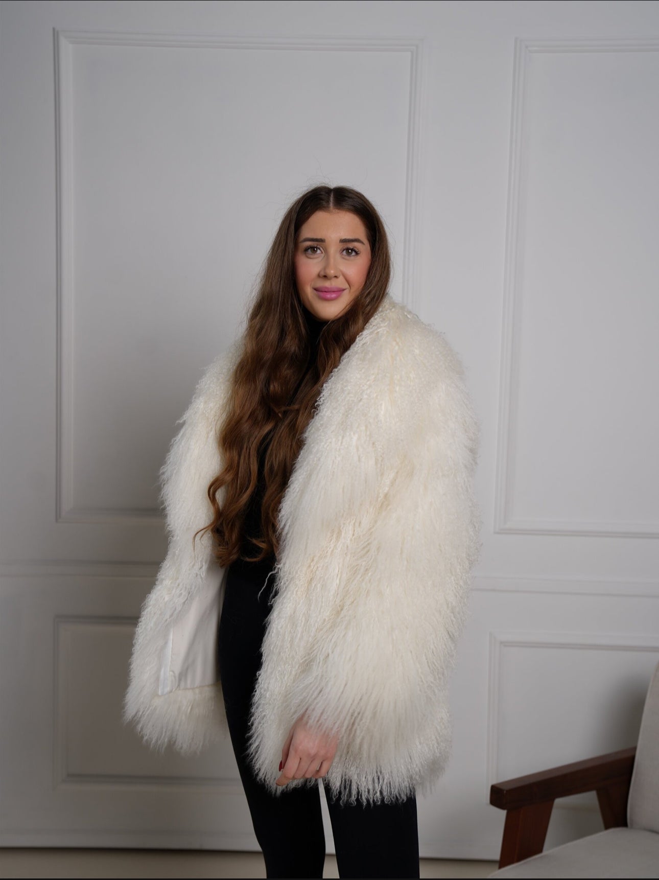 Tibetlamm Fell Jacke Lang mit Kragen