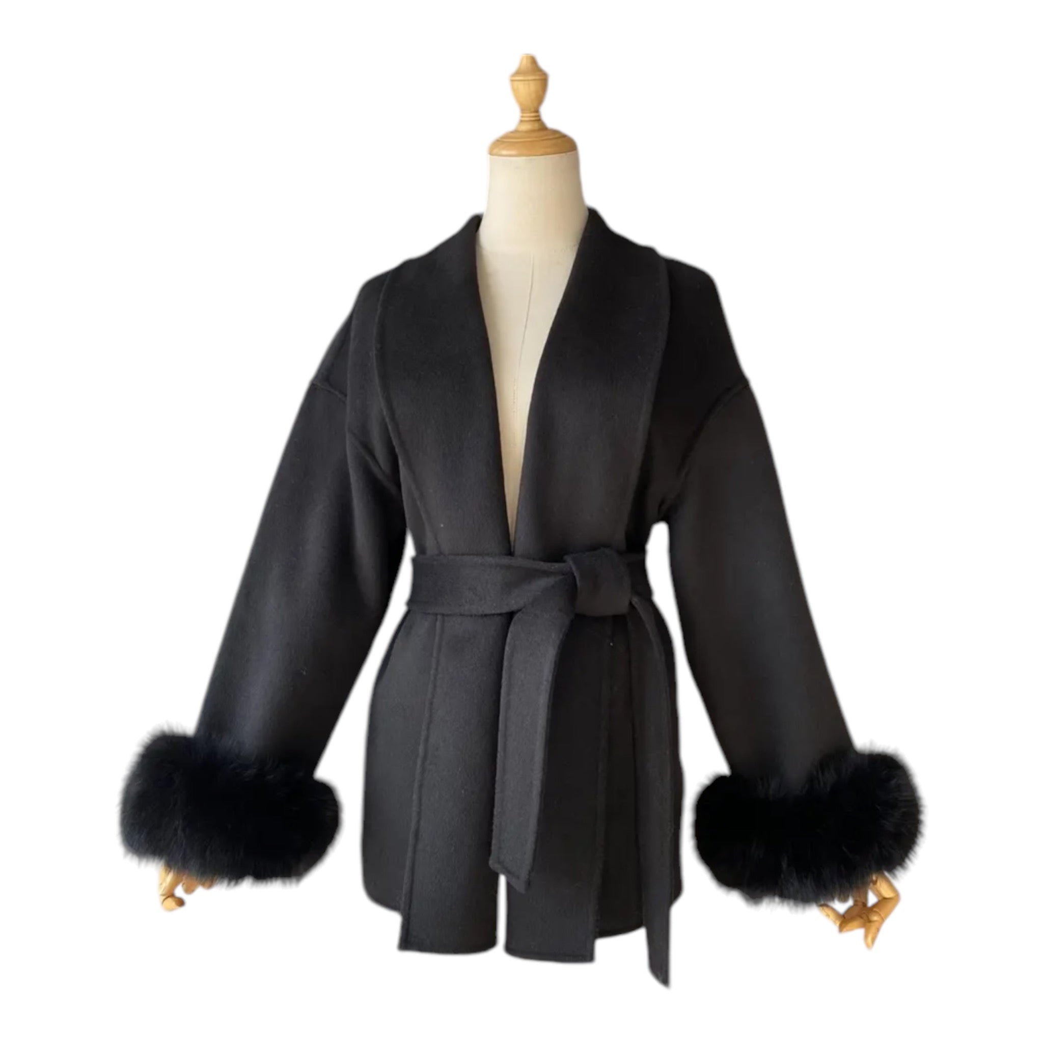 Short cashmere coat with fox fur