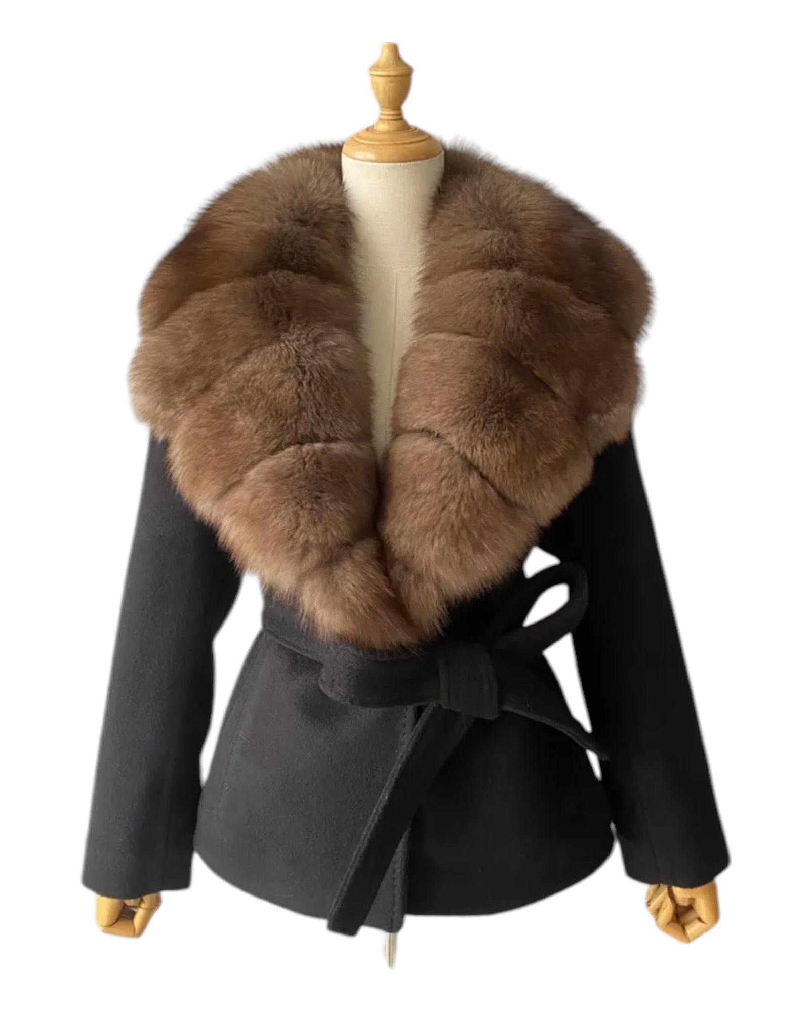 Short cashmere coat with fox fur collar