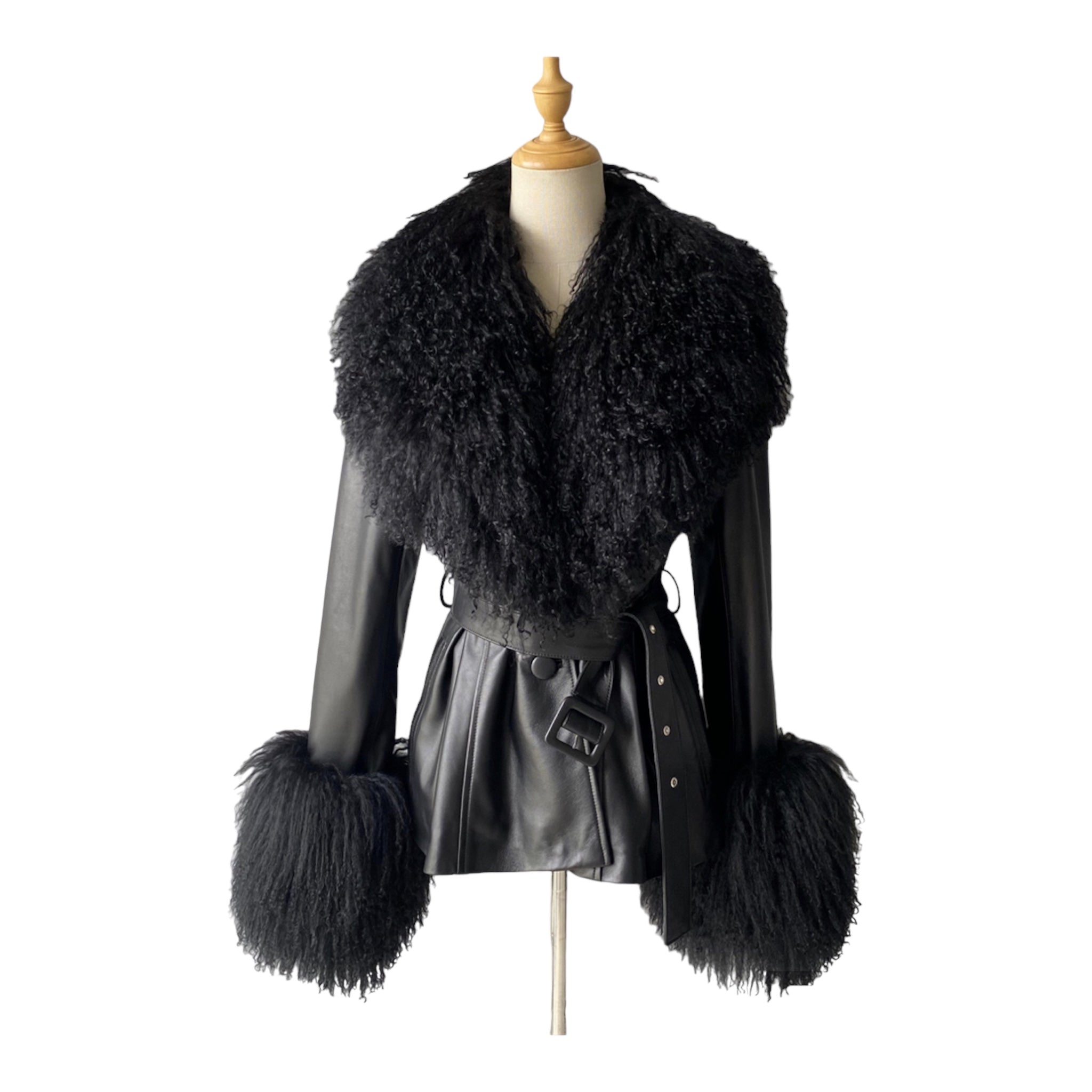 Leather jacket with Mongolian lambskin fur collar