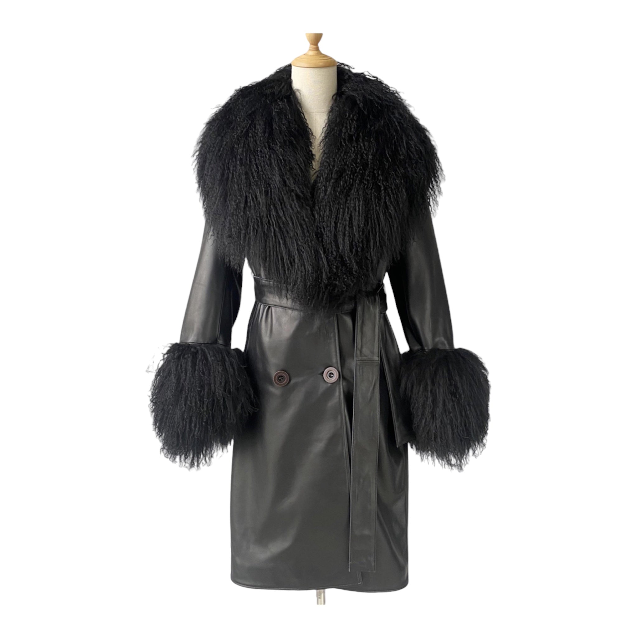 Leather trench coat with fur collar