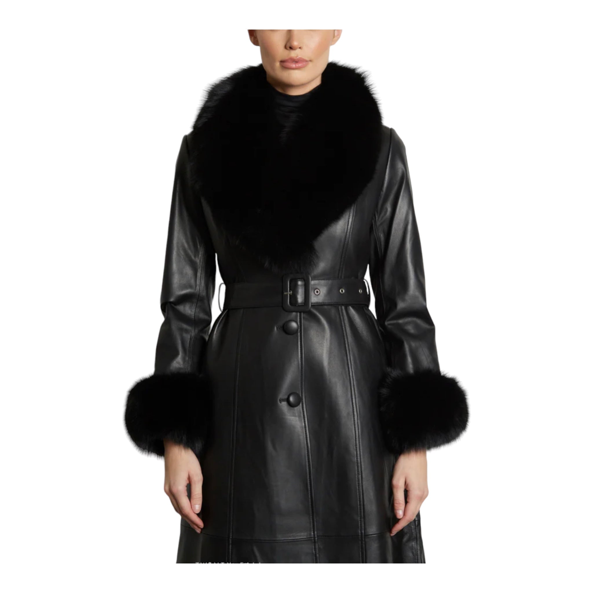 Leather trench coat with fur collar
